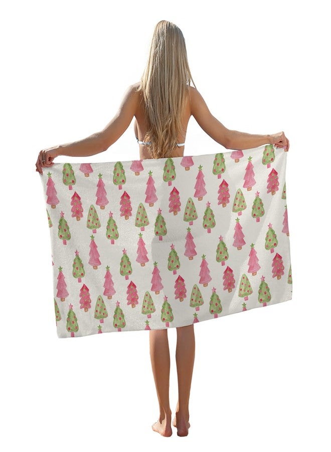 Tzhim Preppy Christmas Sand Towel, Pink and Green Tree Pool Towels, Large Bath Towels Gifts for Women & Girls, Beach & Bathroom Decor, 29x60in - Image 1